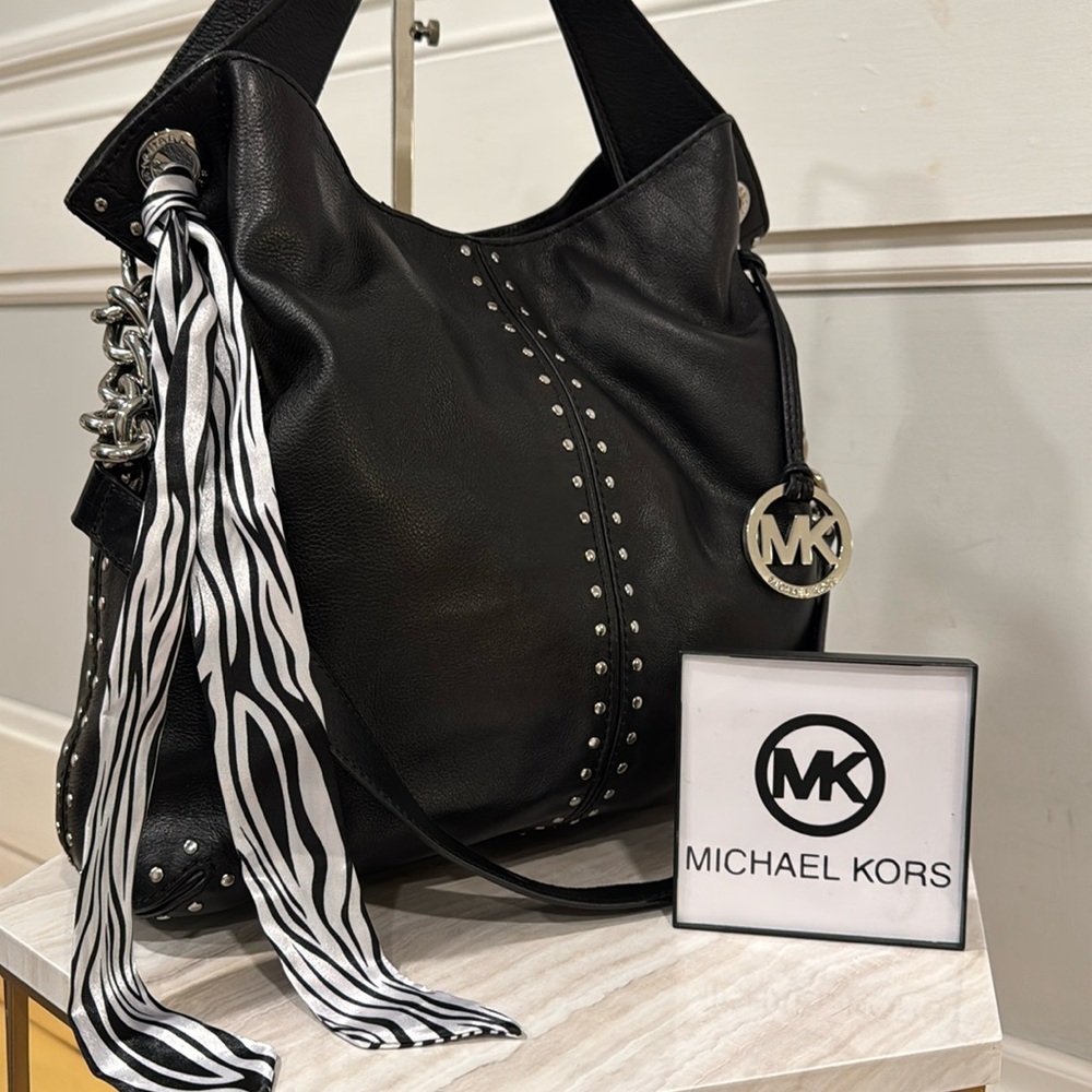 Michael Kors Black Hobo Bag with Zebra Scarf